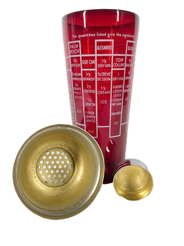 20th Century Art Deco Recipe Cocktail Shaker in Ruby Red Glass with White Graphics