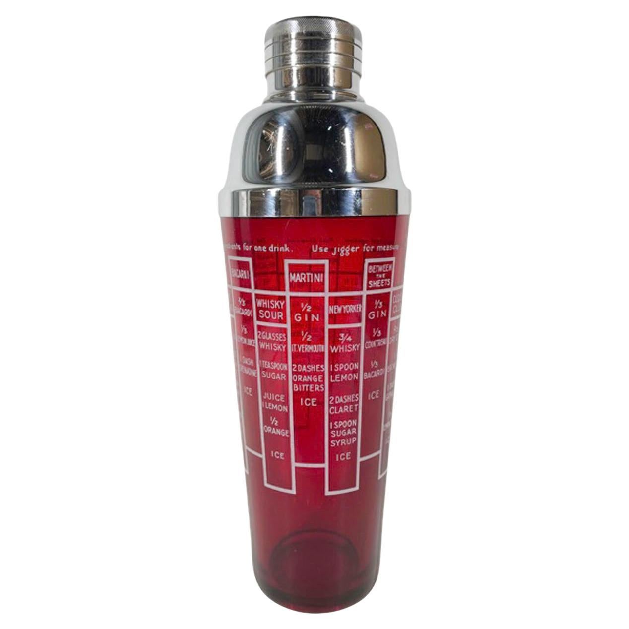 Art Deco Recipe Cocktail Shaker in Ruby Red Glass with White Graphics