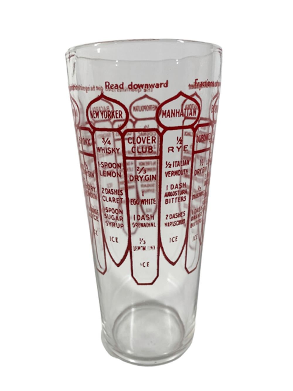 Art Deco cocktail shaker in tapered clear glass with red graphics showing recipes for 13 cocktails including fill lines and techniques for mixing. Topped with a stepped chrome domed lid with integral pour-spout and strainer.