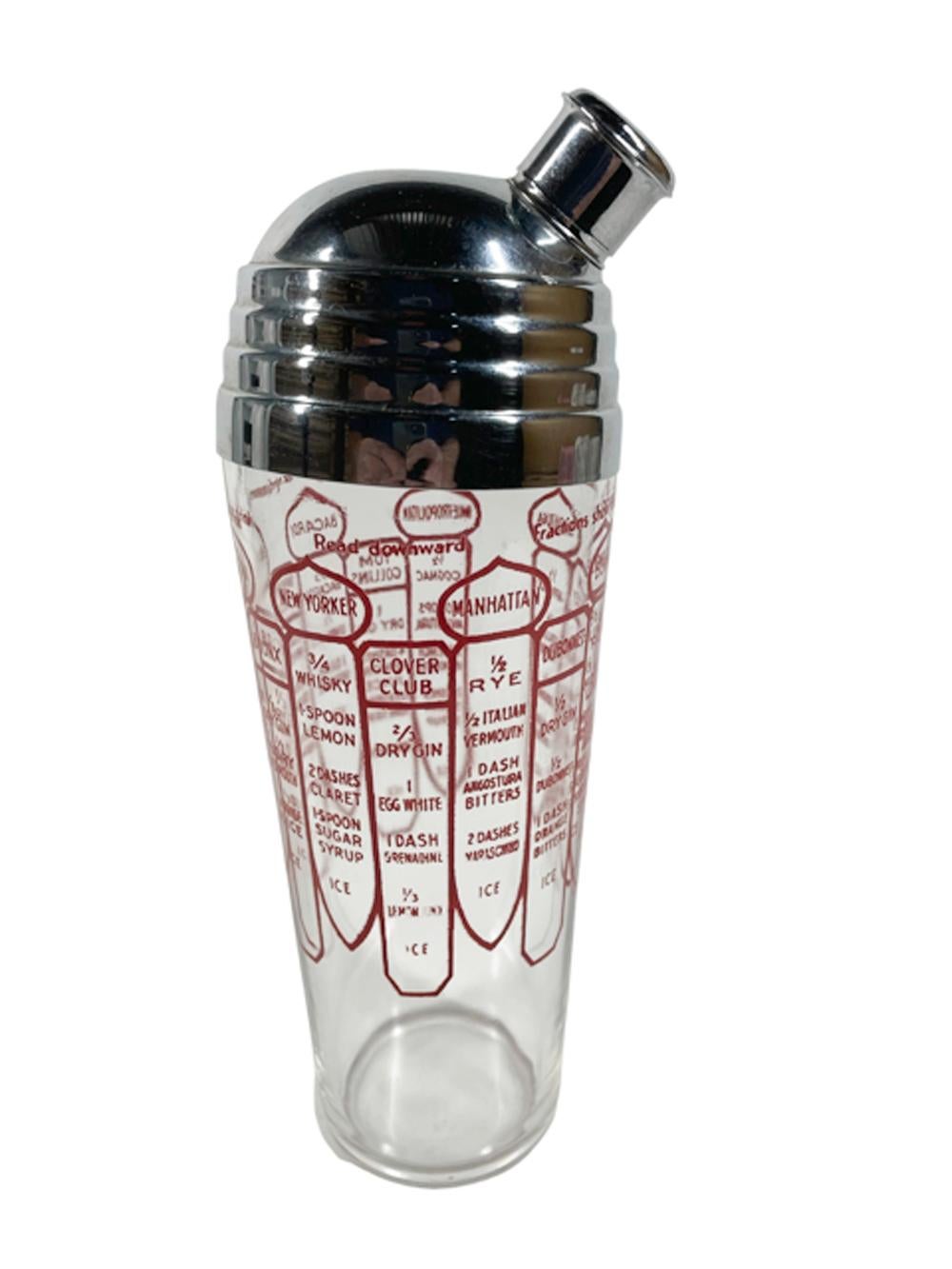 Américain Shakers à cocktail Art Deco Recipe avec graphiques rouges sur verre transparent, couvercle en forme de dôme à gradins en vente