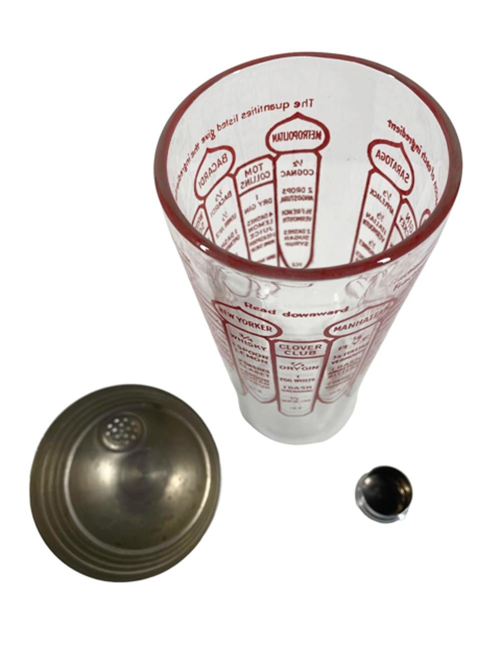 20th Century Art Deco Recipe Cocktail Shaker w/Red Graphics on Clear Glass, Stepped Dome Lid For Sale