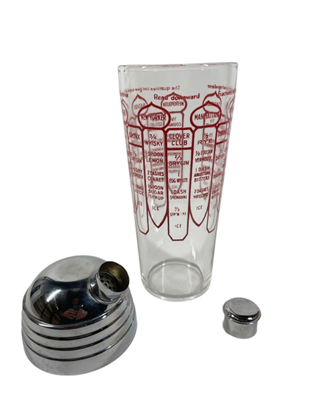 Art Deco Recipe Cocktail Shaker w/Red Graphics on Clear Glass, Stepped Dome Lid For Sale 1