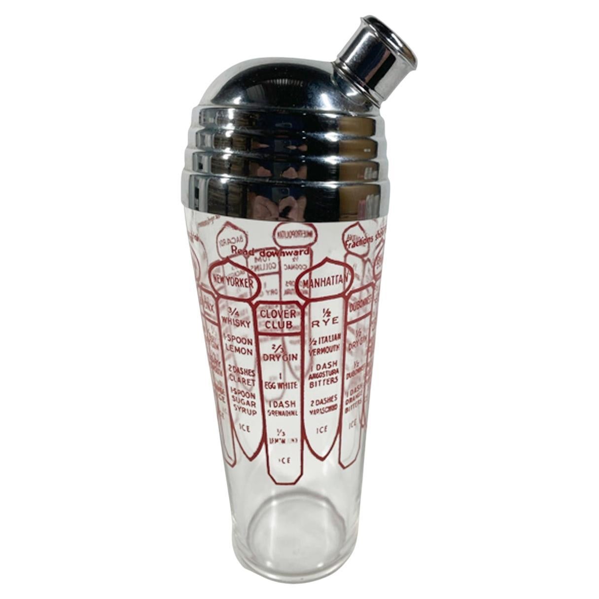 Art Deco Recipe Cocktail Shaker w/Red Graphics on Clear Glass, Stepped Dome Lid