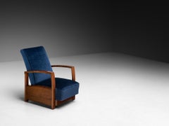 Art Deco Reclining Lounge Chair in Walnut and Blue Velvet