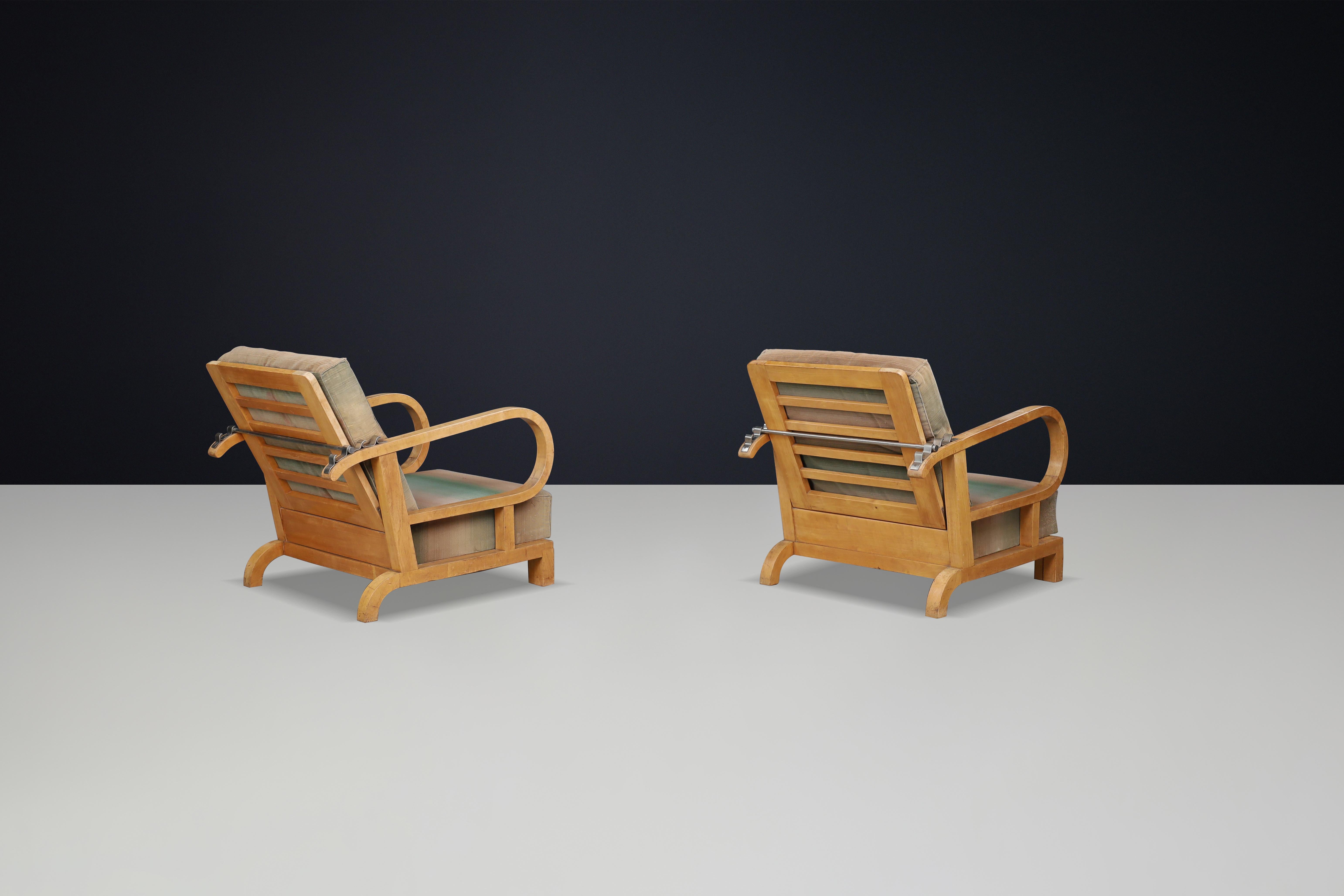 Metal Art Deco reclining lounge chairs in Birch wood and original upholstery, CZ 1930s For Sale