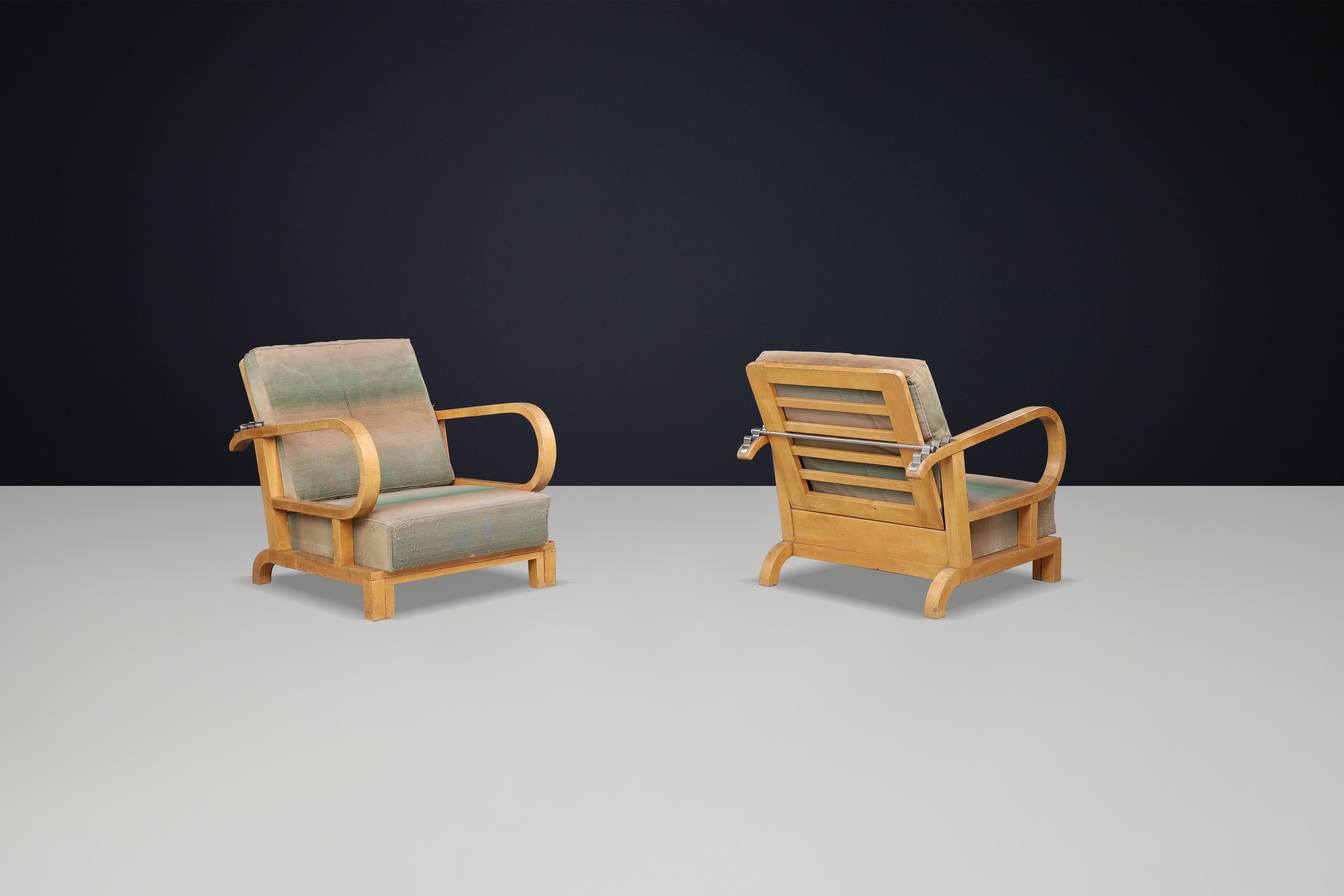 Art Deco reclining lounge chairs in Birch wood and original upholstery, CZ 1930s For Sale 2