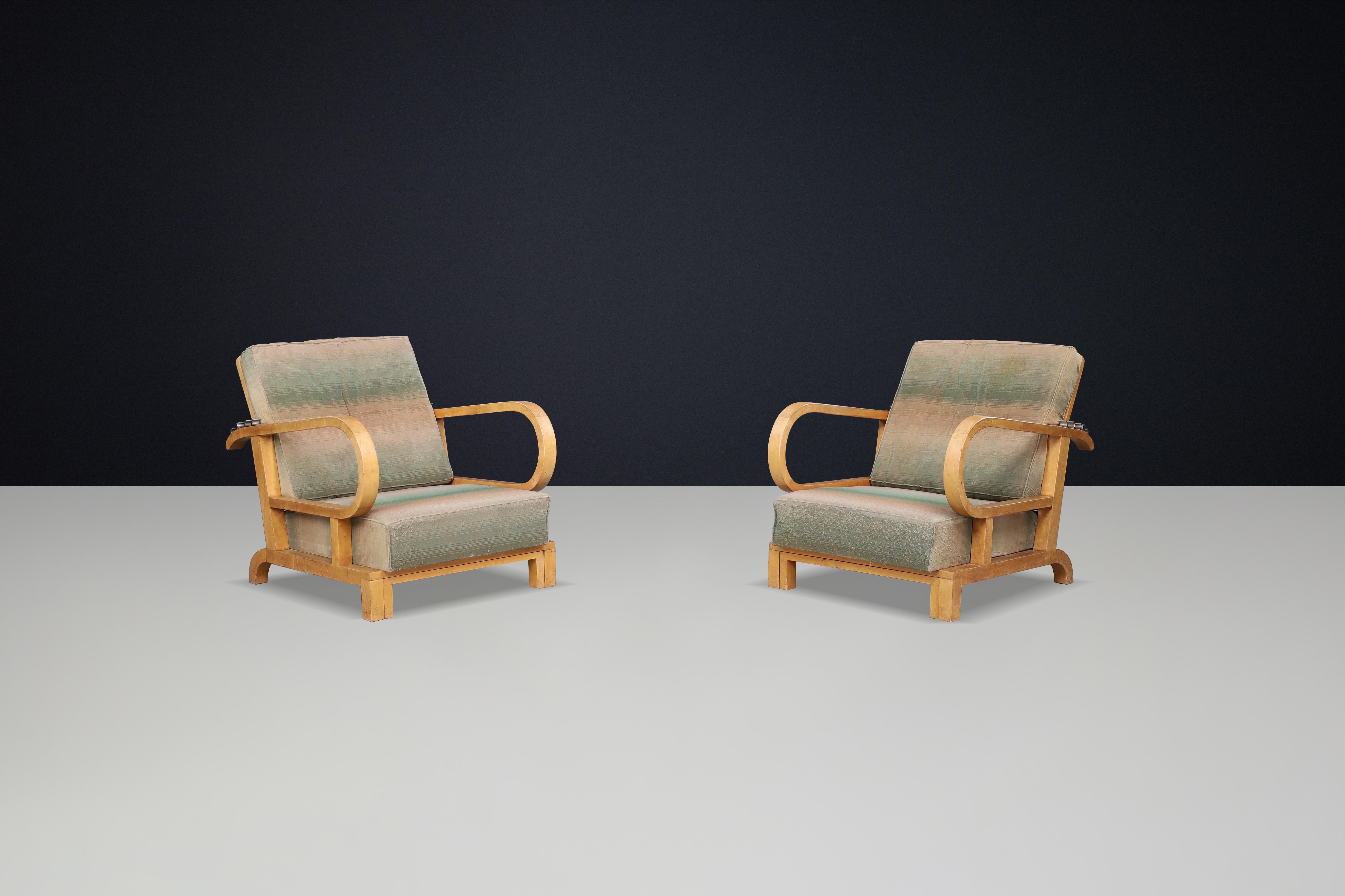 Art Deco reclining lounge chairs in Birch wood and original upholstery, CZ 1930s For Sale 3
