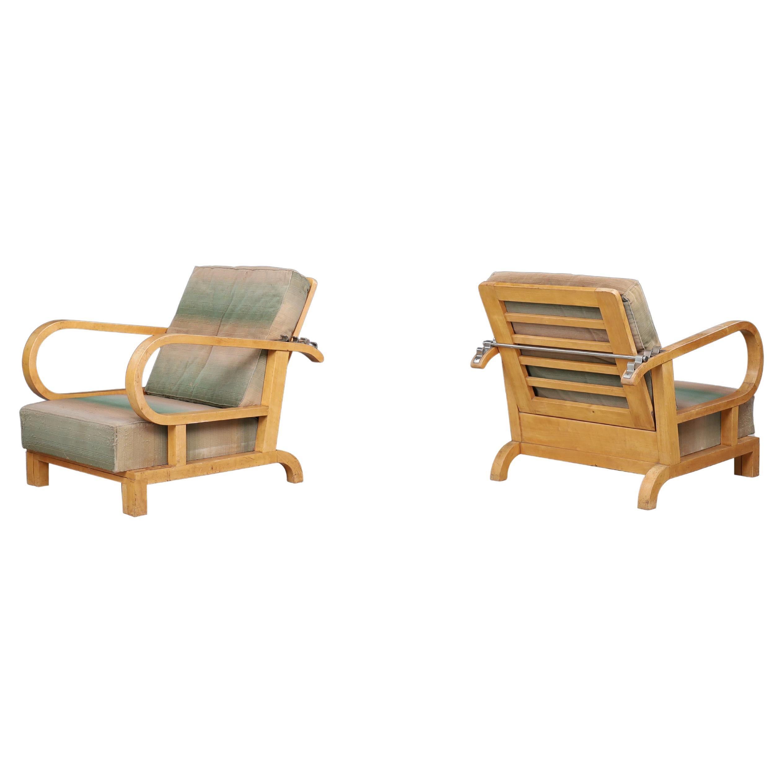 Art Deco reclining lounge chairs in Birch wood and original upholstery, CZ 1930s
