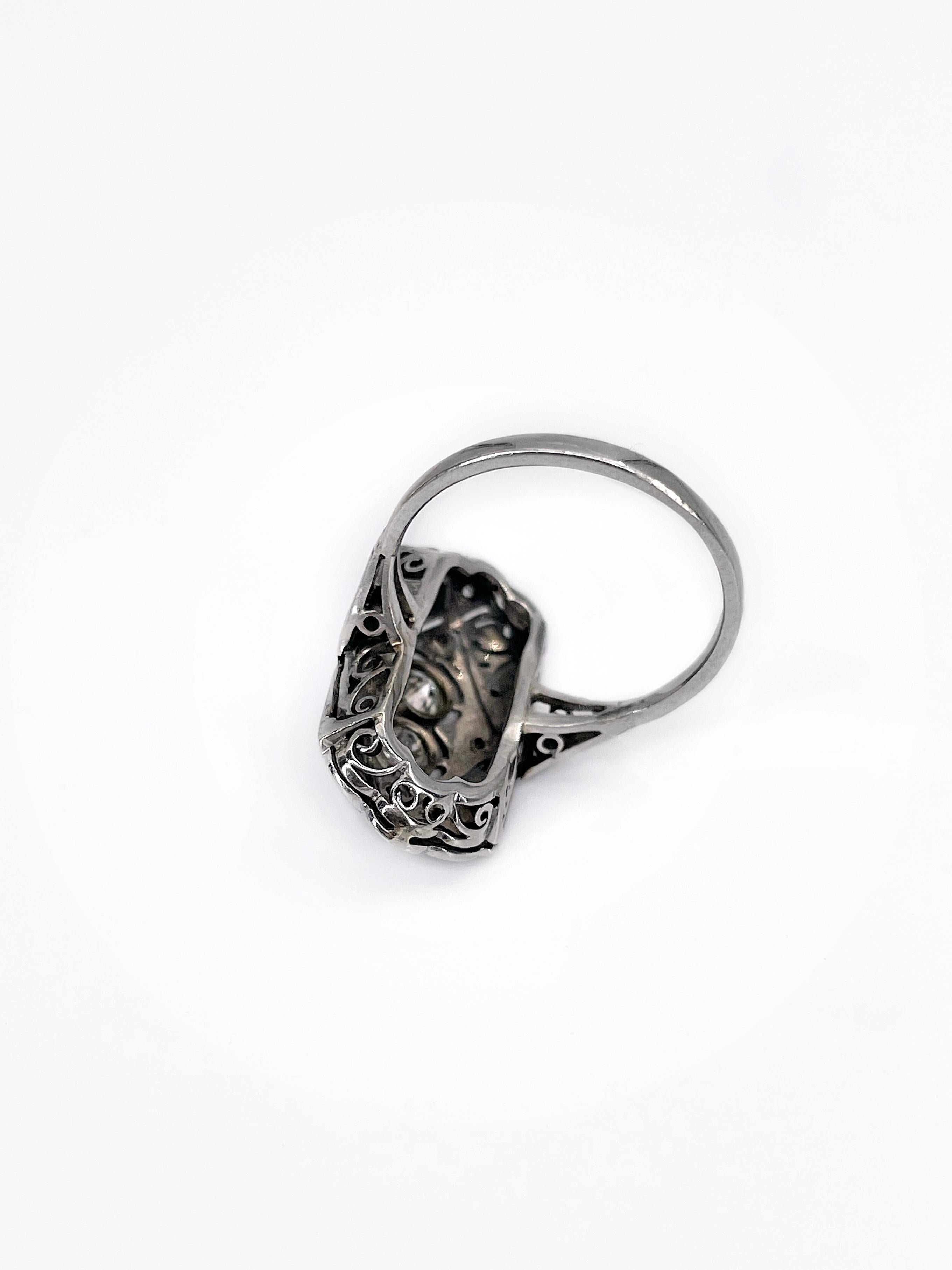 Brilliant Cut Art Deco Rectangle 14K White Gold Diamond Filigree Ring