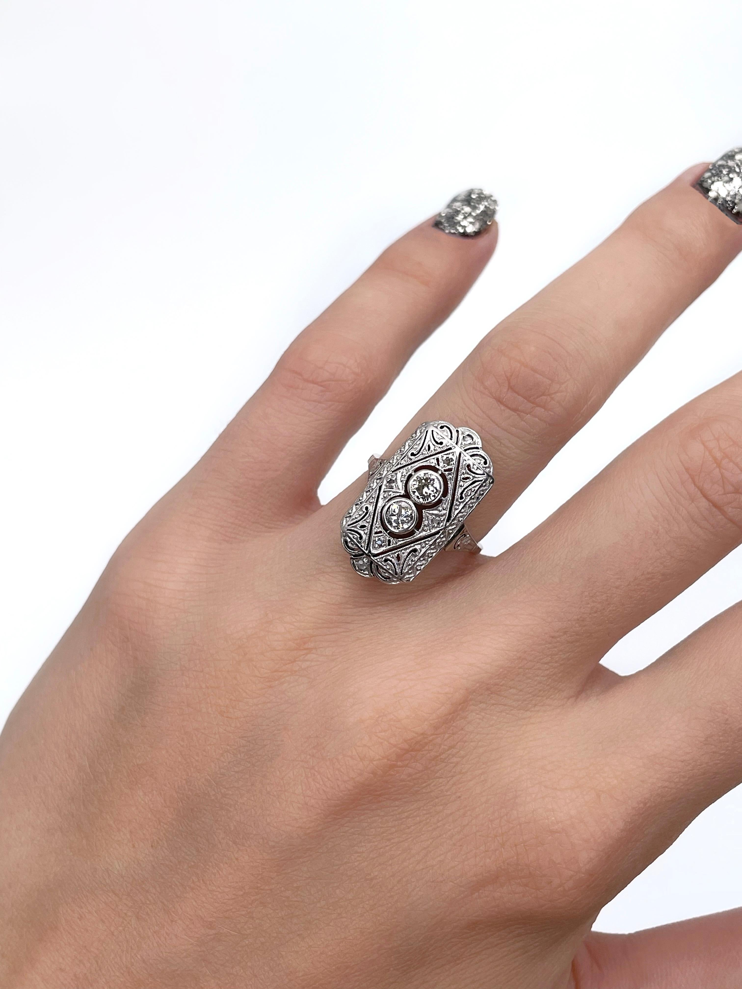 Art Deco Rectangle 14K White Gold Diamond Filigree Ring In Good Condition In Vilnius, Vilniaus apskr.
