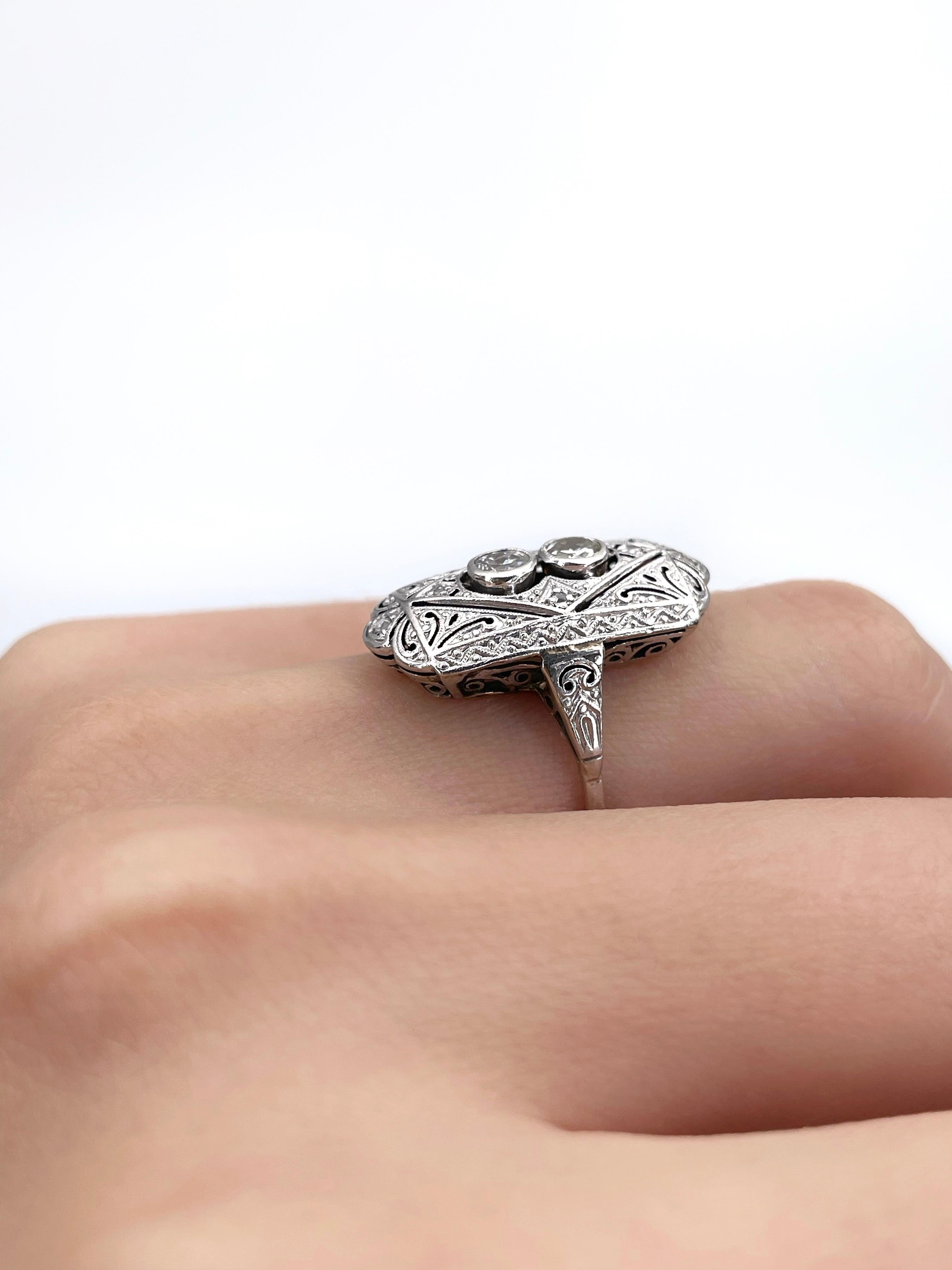 Art Deco Rectangle 14K White Gold Diamond Filigree Ring 1