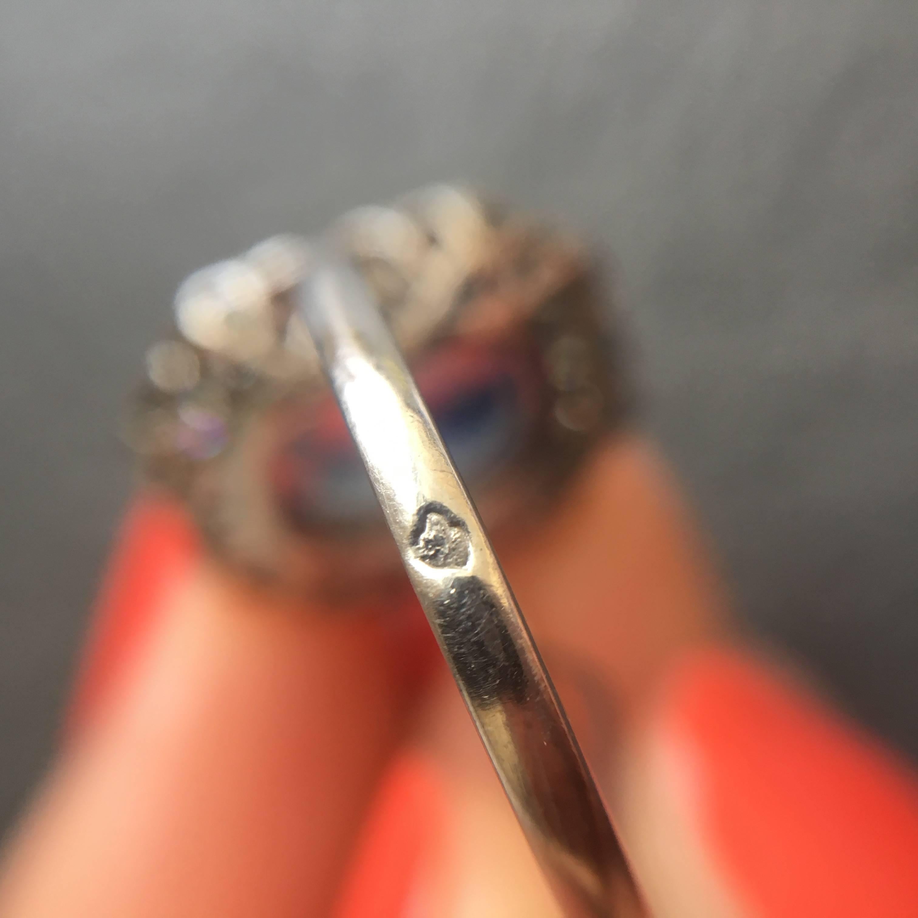 Art Deco Rectangular Ceylon Sapphire Diamond Round Cluster Platinum Ring 5