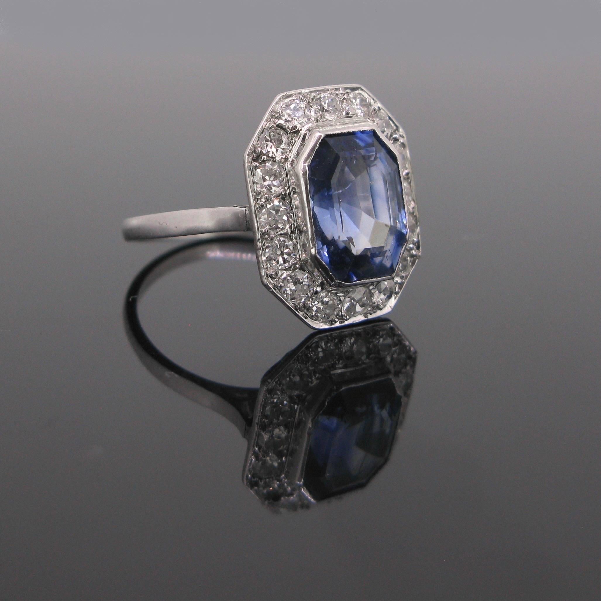 Emerald Cut Art Deco Rectangular Ceylon Sapphire Diamond Round Cluster Platinum Ring