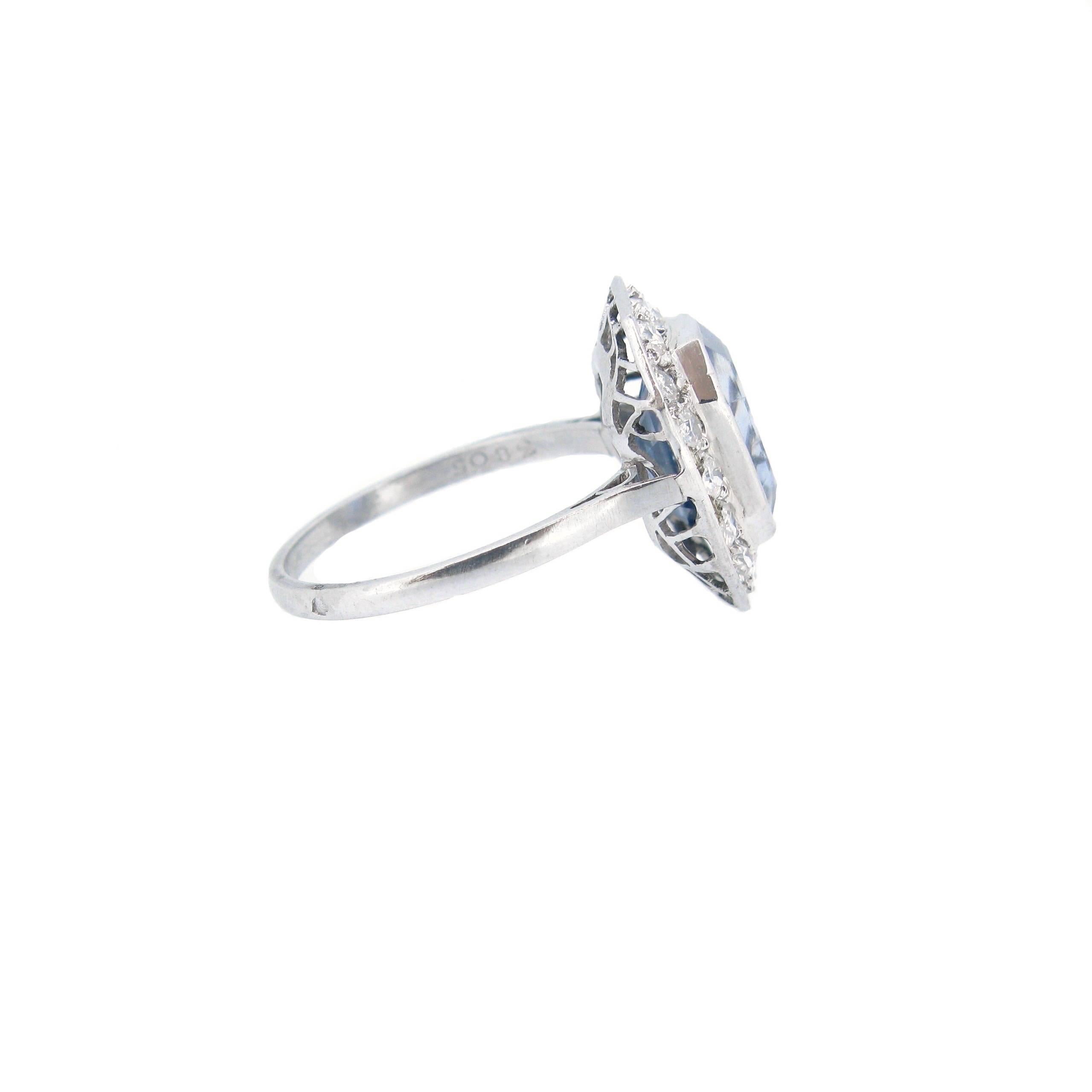 Women's or Men's Art Deco Rectangular Ceylon Sapphire Diamond Round Cluster Platinum Ring