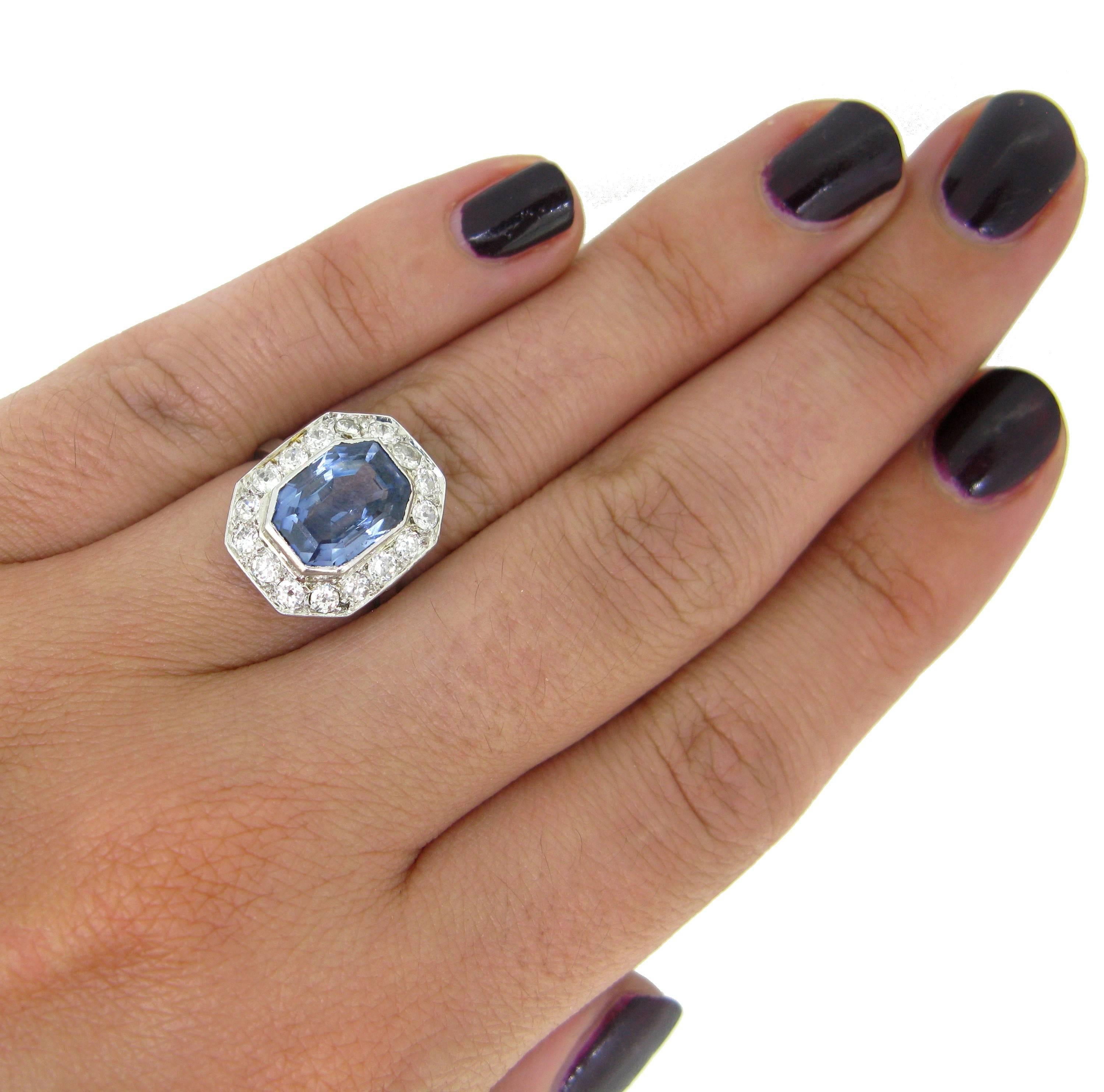 Art Deco Rectangular Ceylon Sapphire Diamond Round Cluster Platinum Ring 4