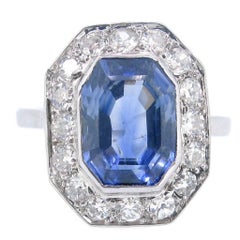 Art Deco Rectangular Ceylon Sapphire Diamond Round Cluster Platinum Ring