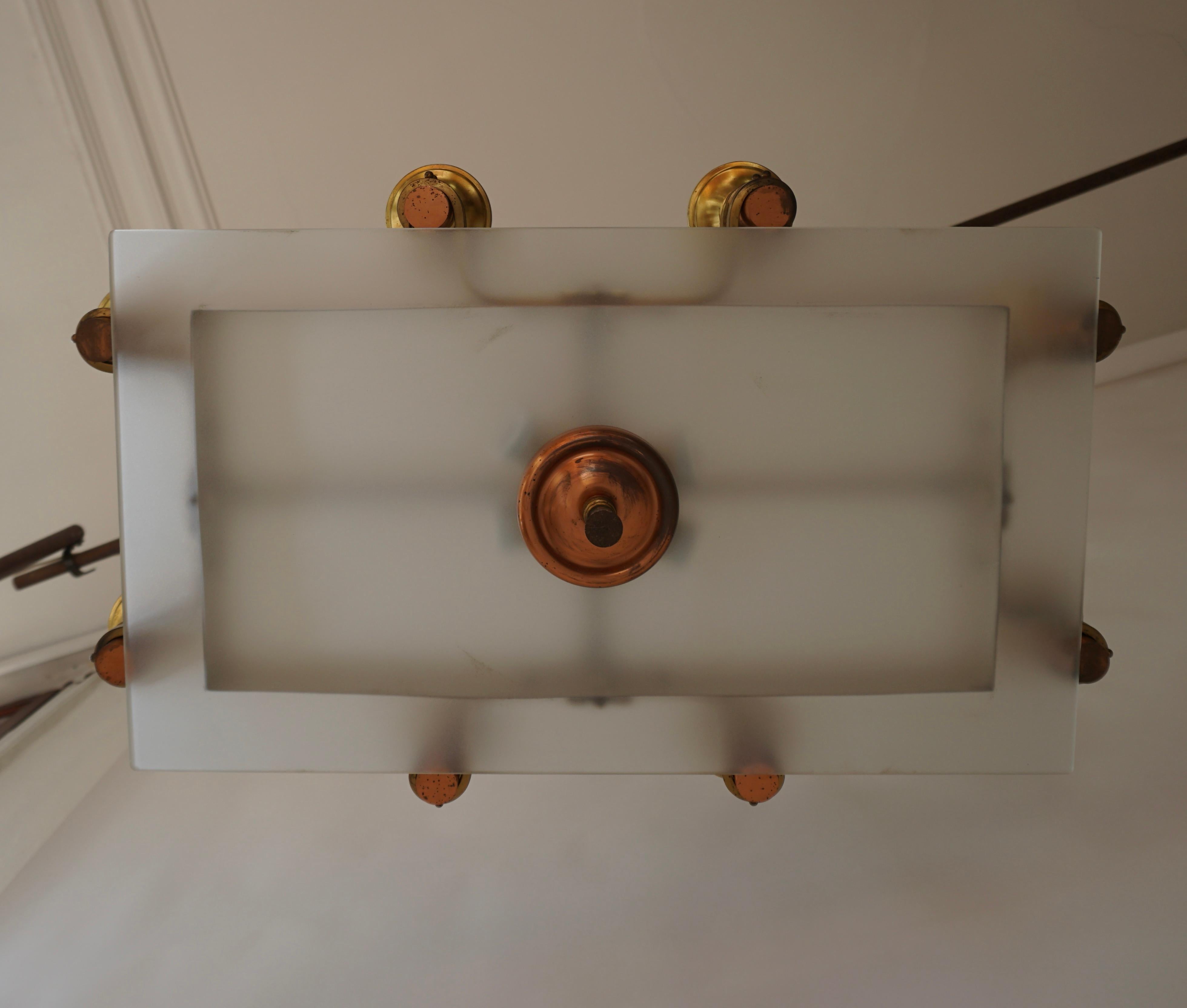Art Deco Rectangular Chandelier in Glass and Brass For Sale 8