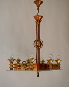 Art Deco Rectangular Chandelier in Glass and Brass