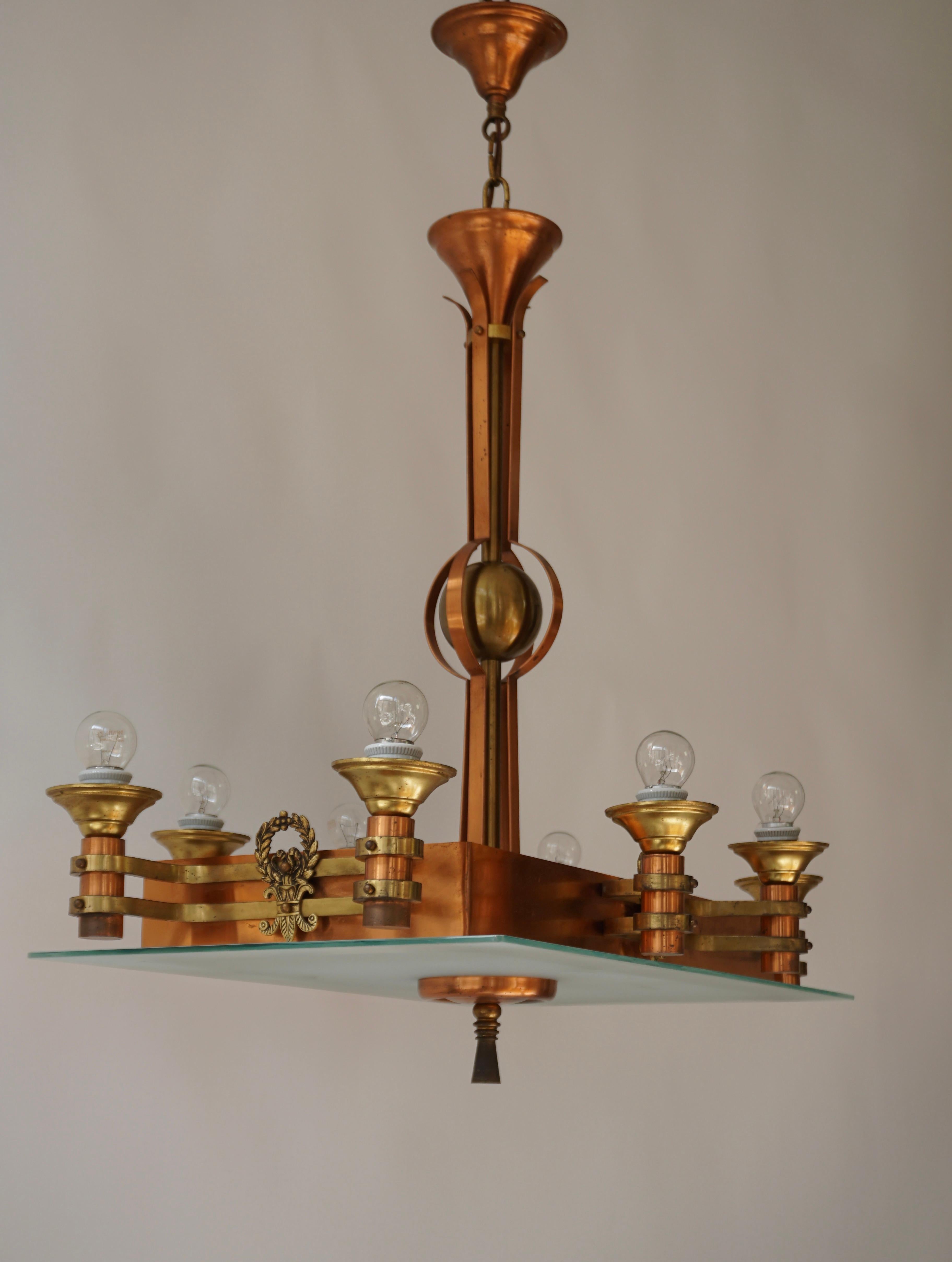 Belgian Art Deco Rectangular Chandelier in Glass and Brass For Sale