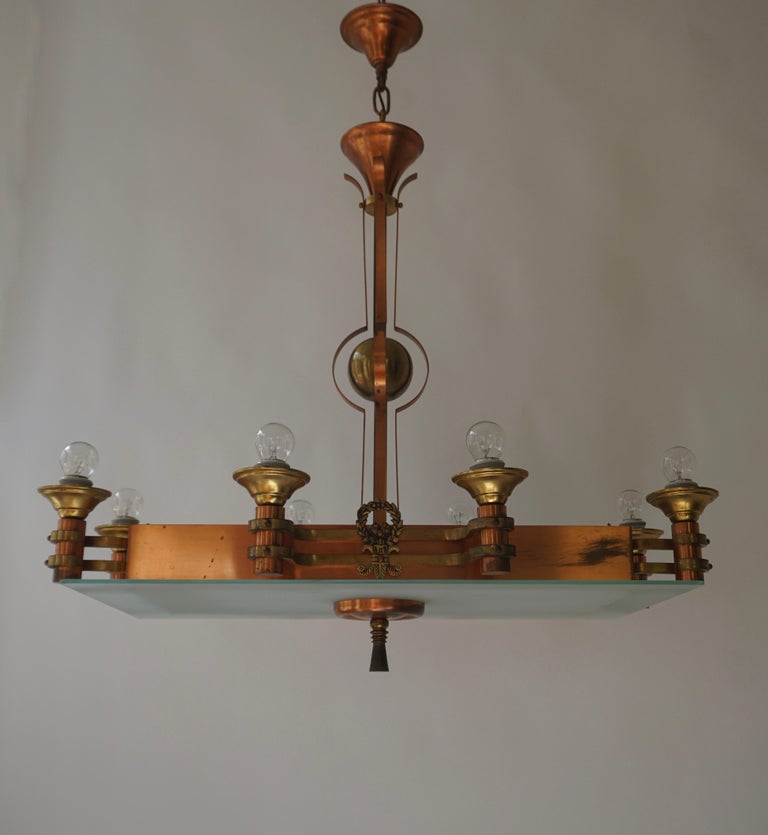 Art Deco Rectangular Chandelier in Glass and Brass 1