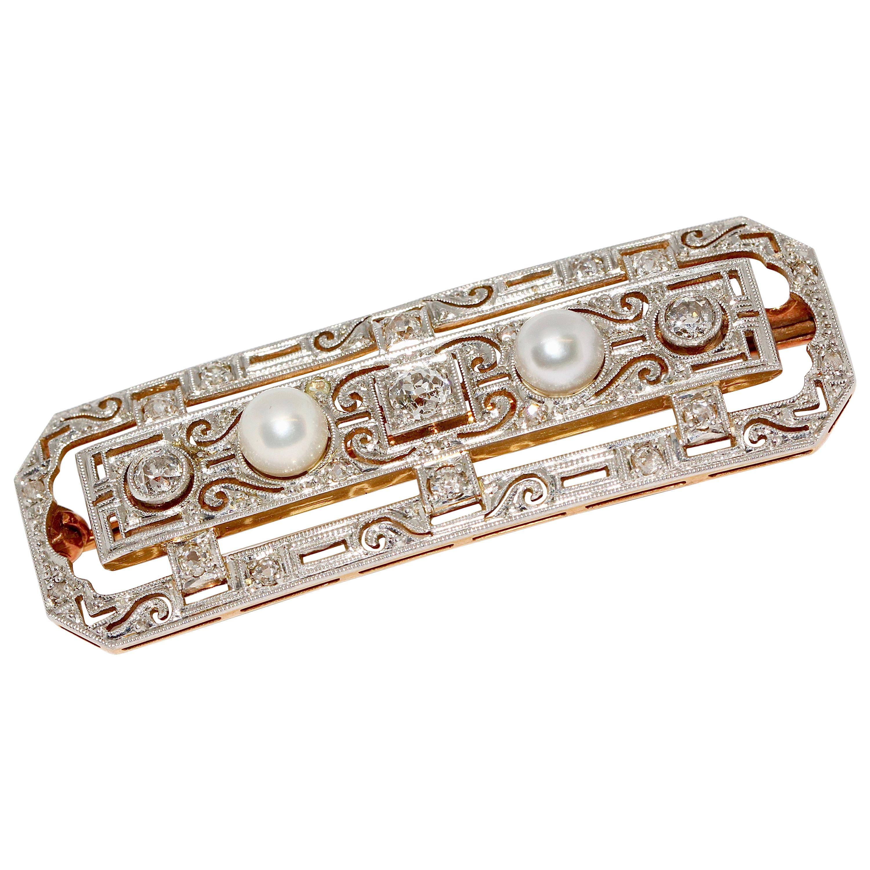 Broche rectangulaire Art déco en or avec diamants et perles naturelles