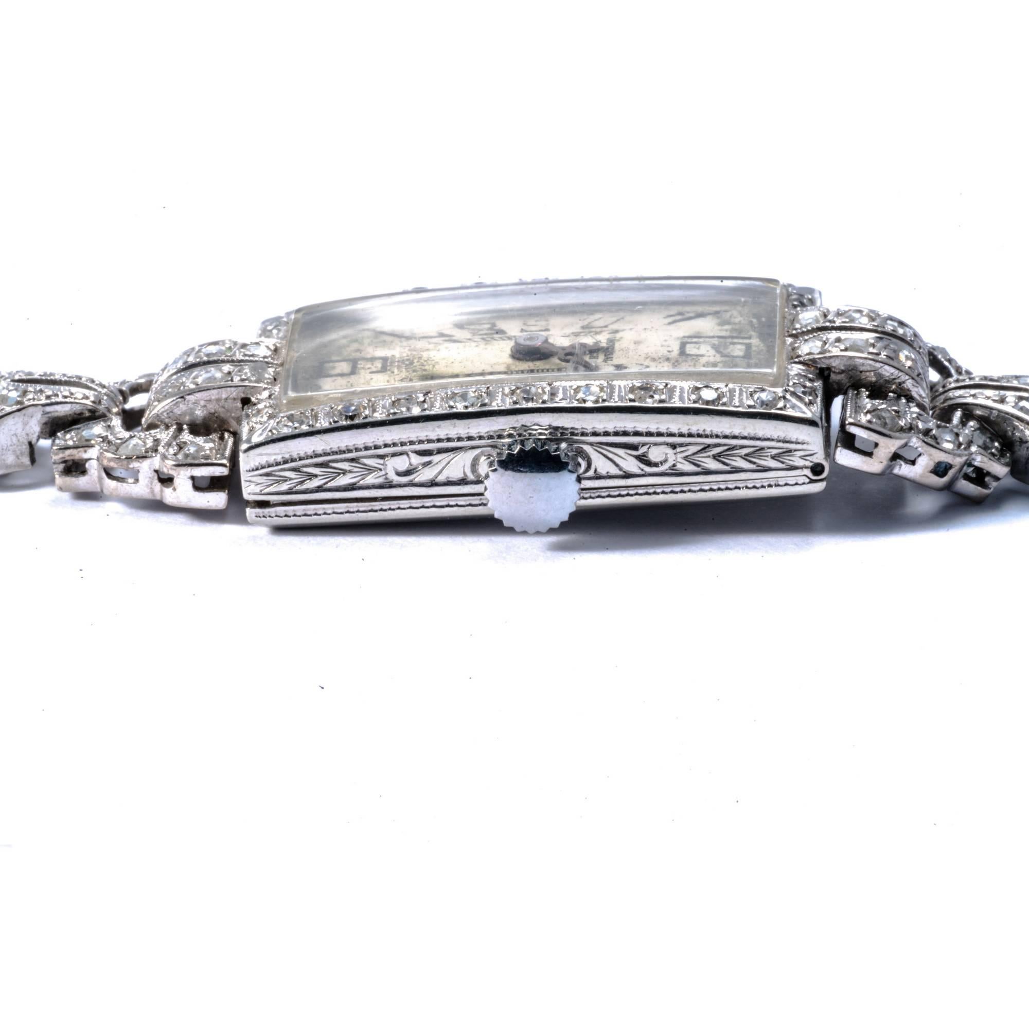 Genève ladies 18K White Gold Diamond art déco Rectangular Wristwatch, 1925 5