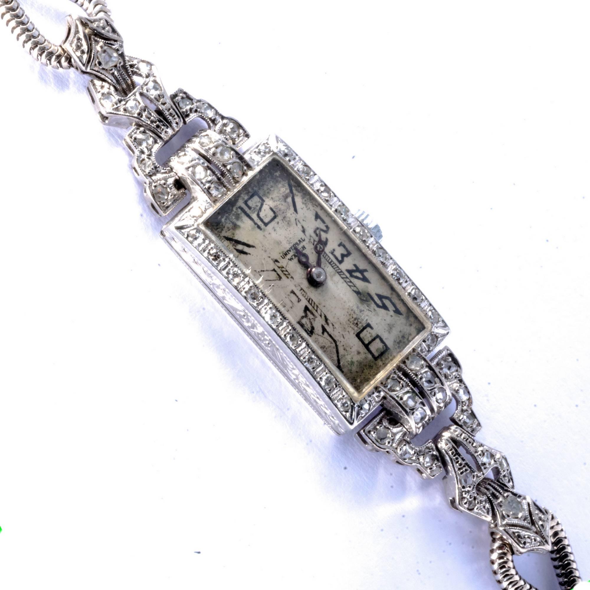Old Mine Cut  Genève ladies 18K White Gold Diamond art déco Rectangular Wristwatch, 1925