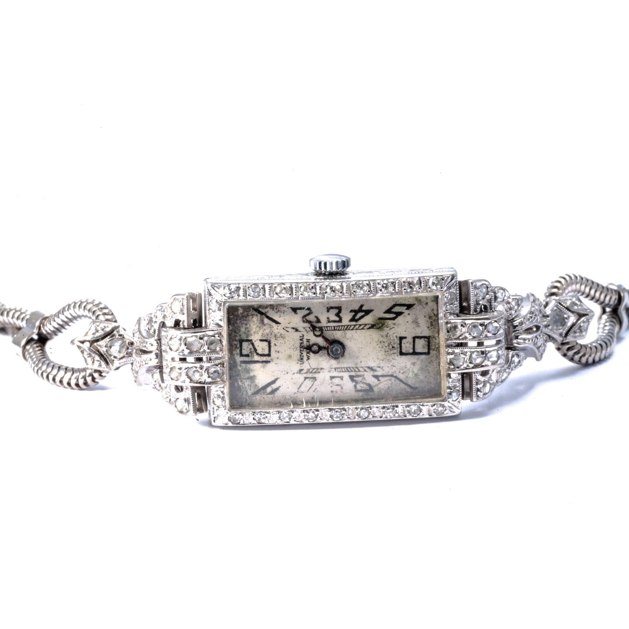  Genève ladies 18K White Gold Diamond art déco Rectangular Wristwatch, 1925 In Good Condition In Roma, IT