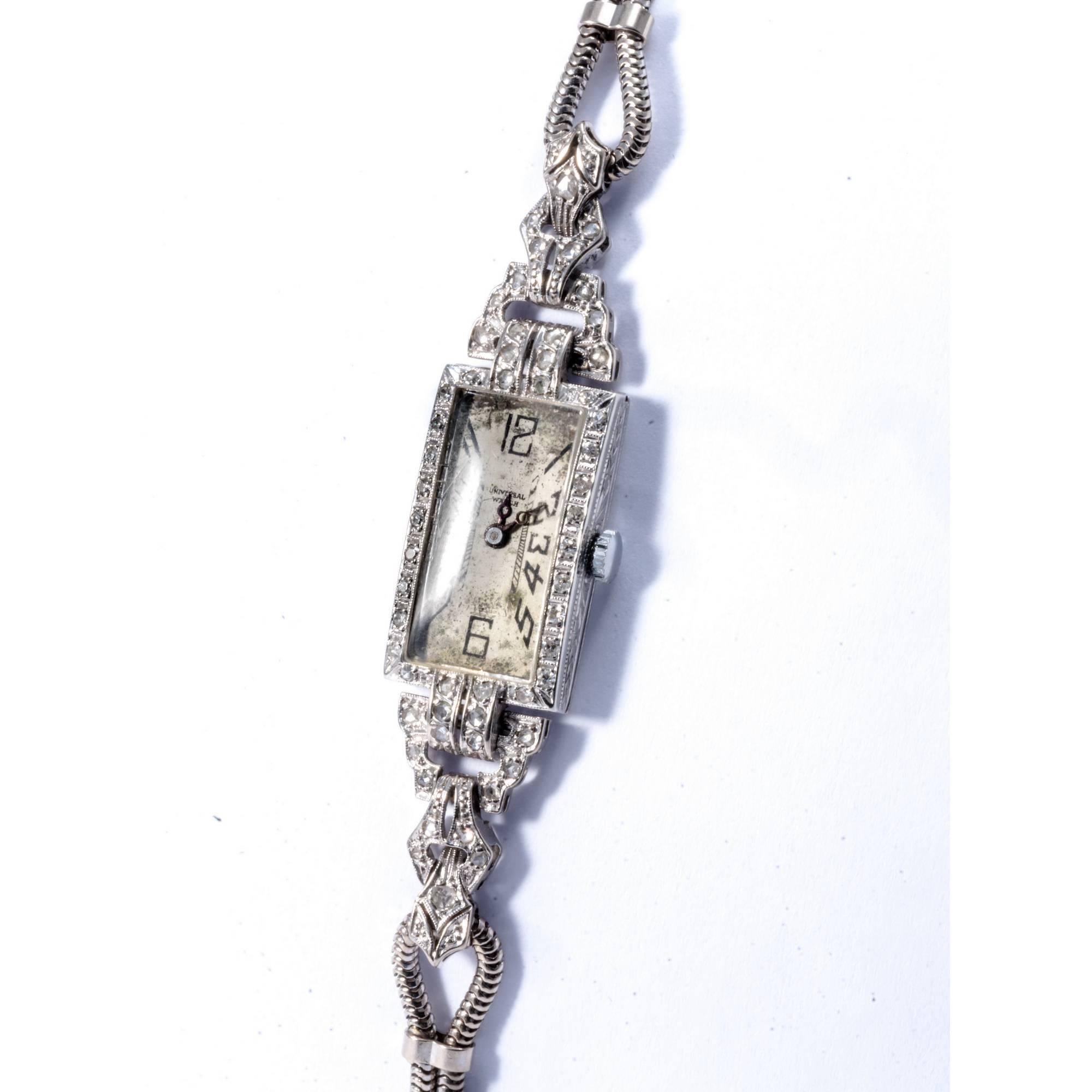 Women's or Men's Genève ladies 18K White Gold Diamond art déco Rectangular Wristwatch, 1925