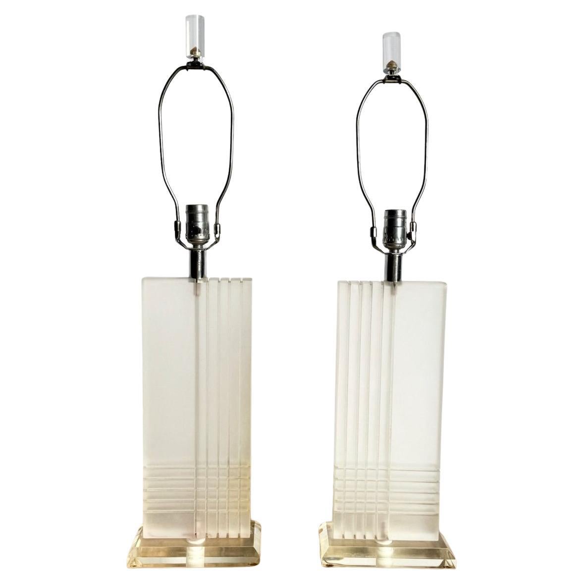 Art Deco Rectangular Lucite Table Lamps - A Pair For Sale