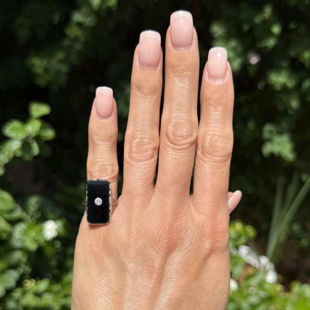 Mixed Cut Art Deco Rectangular Onyx and OEC Diamond Platinum Filigree Ring For Sale