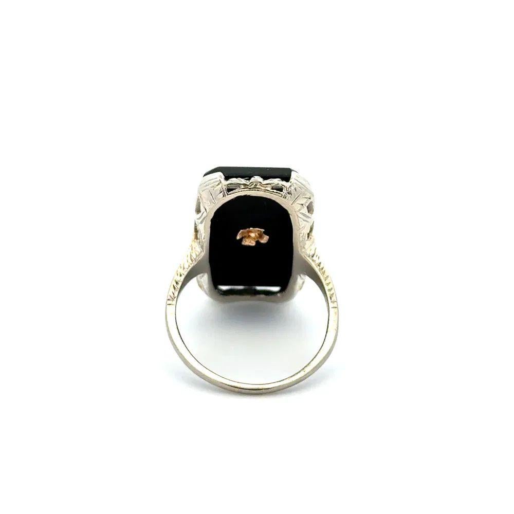 Women's Art Deco Rectangular Onyx and OEC Diamond Platinum Filigree Ring For Sale