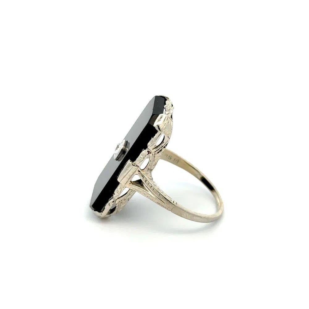 Art Deco Rectangular Onyx and OEC Diamond Platinum Filigree Ring For Sale 1