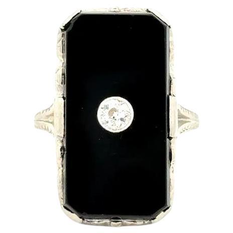Art Deco Rectangular Onyx and OEC Diamond Platinum Filigree Ring For Sale