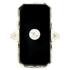 Art Deco Rectangular Onyx and OEC Diamond Platinum Filigree Ring
