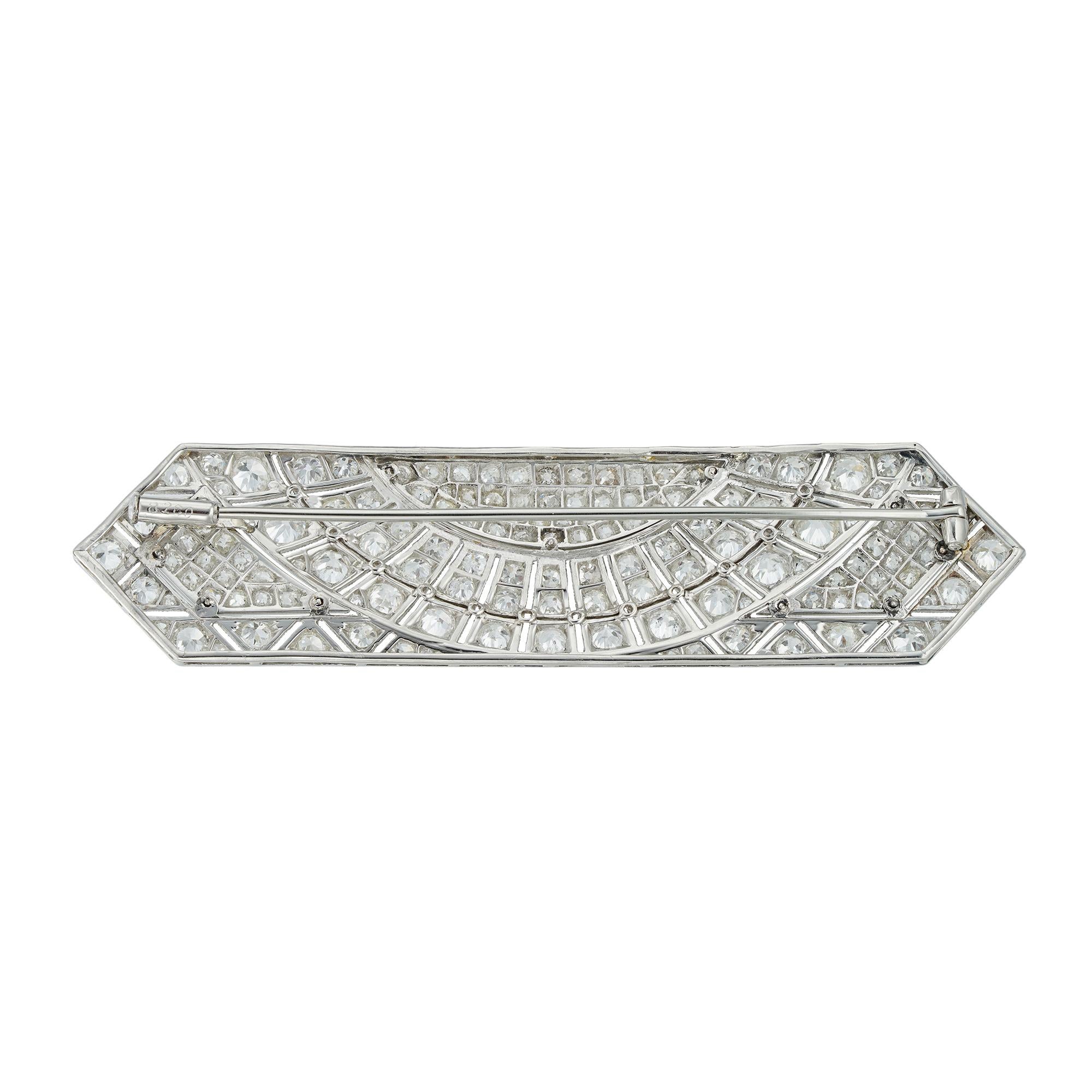 Old European Cut Art Deco Rectangular Sunburst Diamond Platinum Brooch For Sale