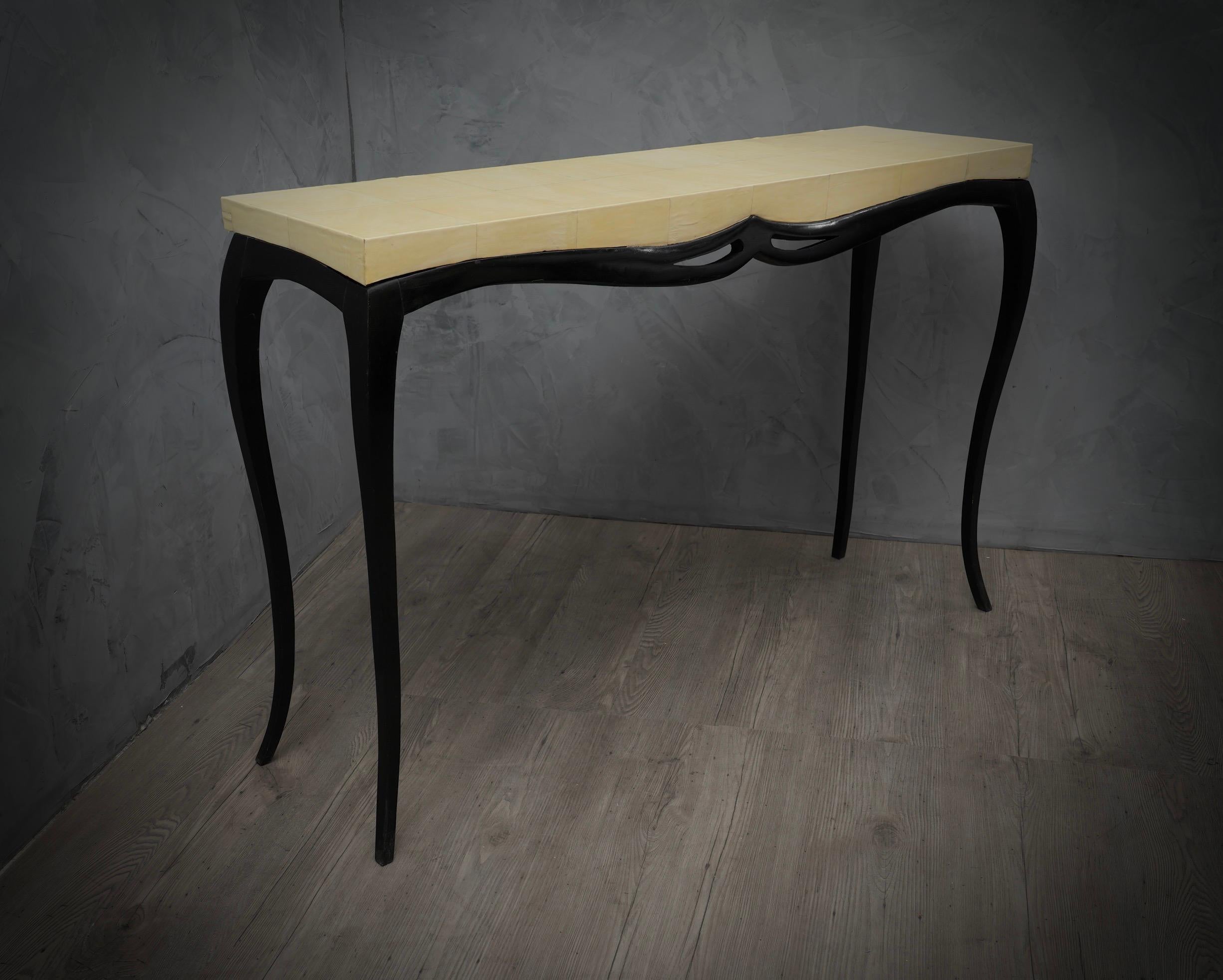 Rechteckige französische Konsolentische aus Holz und Ziegenleder im Art déco-Stil, 1920 im Angebot 2