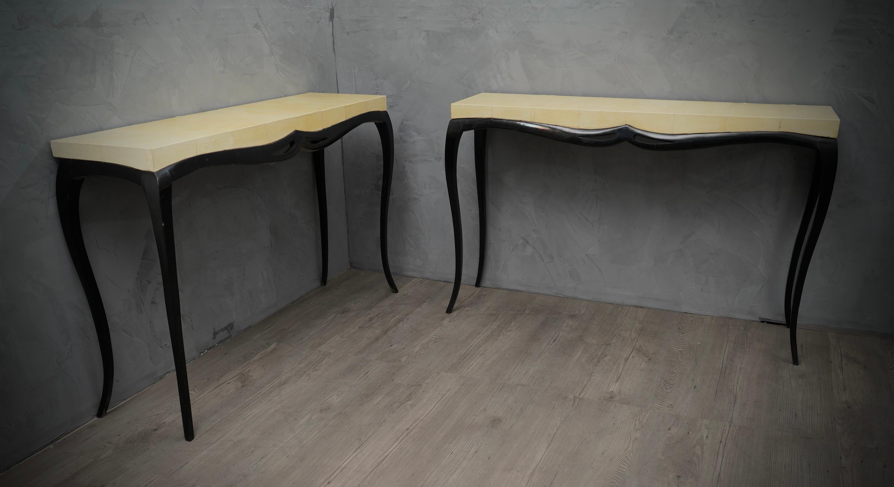 Rechteckige französische Konsolentische aus Holz und Ziegenleder im Art déco-Stil, 1920 im Angebot 3