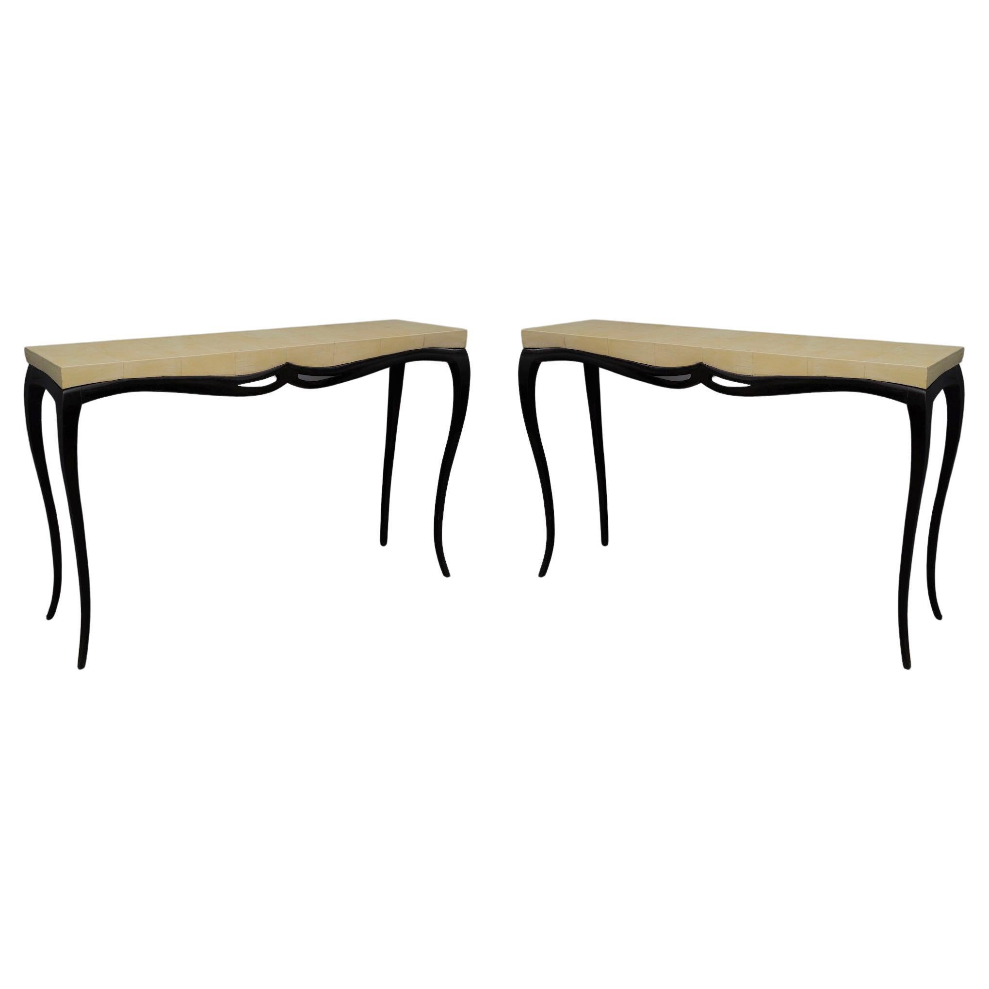 Art Deco Rectangular Wood and Goat Skin French Console Tables, 1920 For Sale
