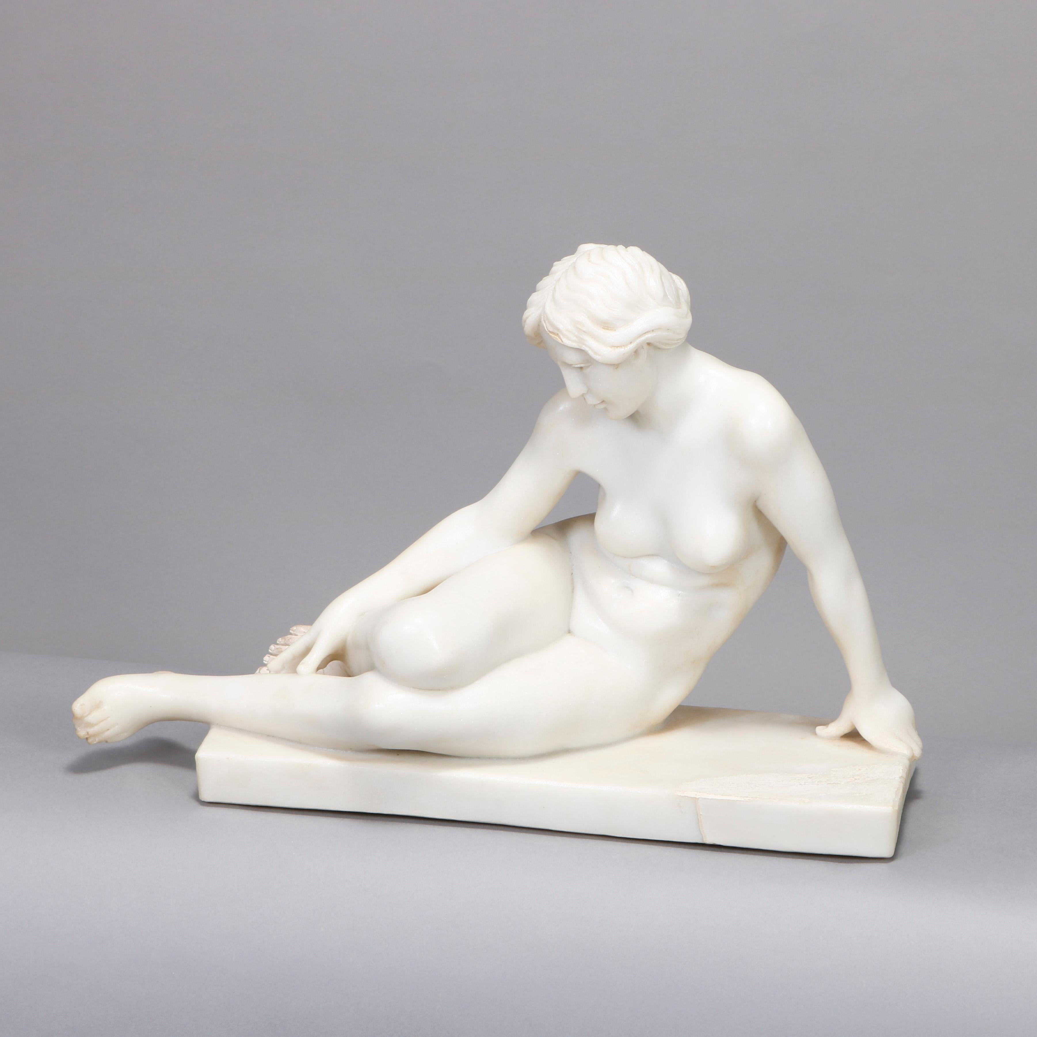 An Art Deco neoclassical carved alabaster portrait sculpture depicts recumbent young woman, early 20th century

Measures: 16.75