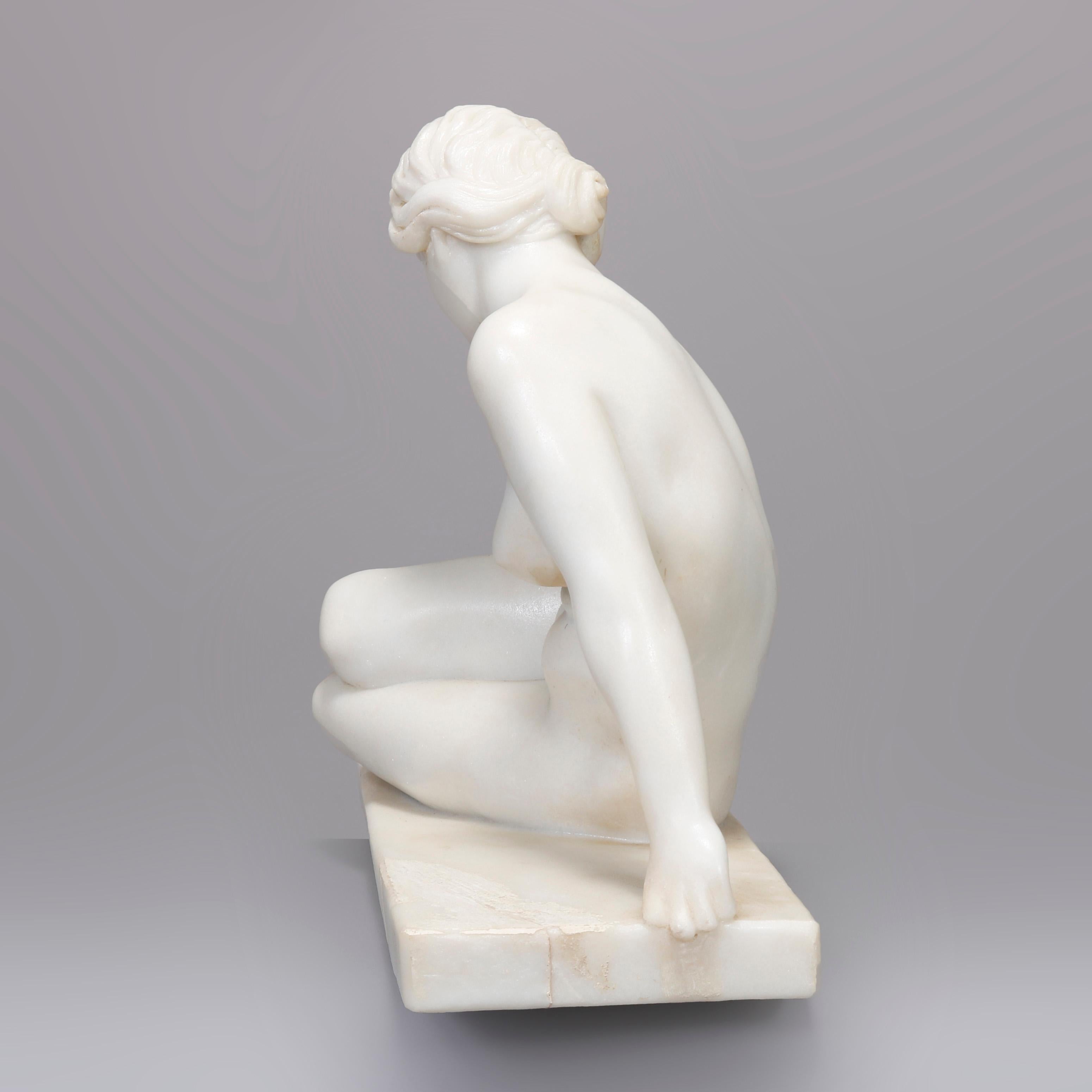 Neoclassical Art Deco Recumbent Carved Alabaster Nude Portrait Sculpture, Early 20th Century