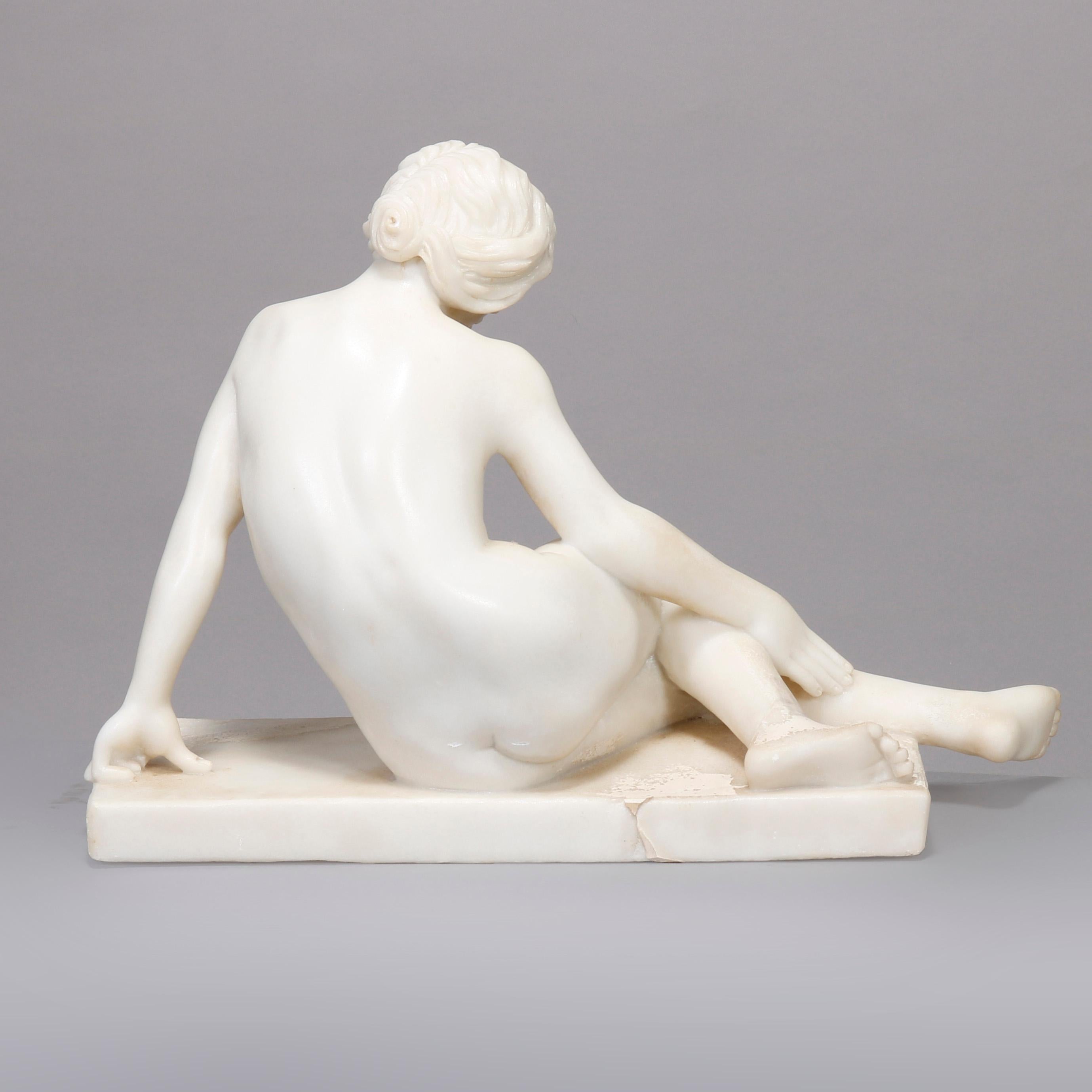 European Art Deco Recumbent Carved Alabaster Nude Portrait Sculpture, Early 20th Century