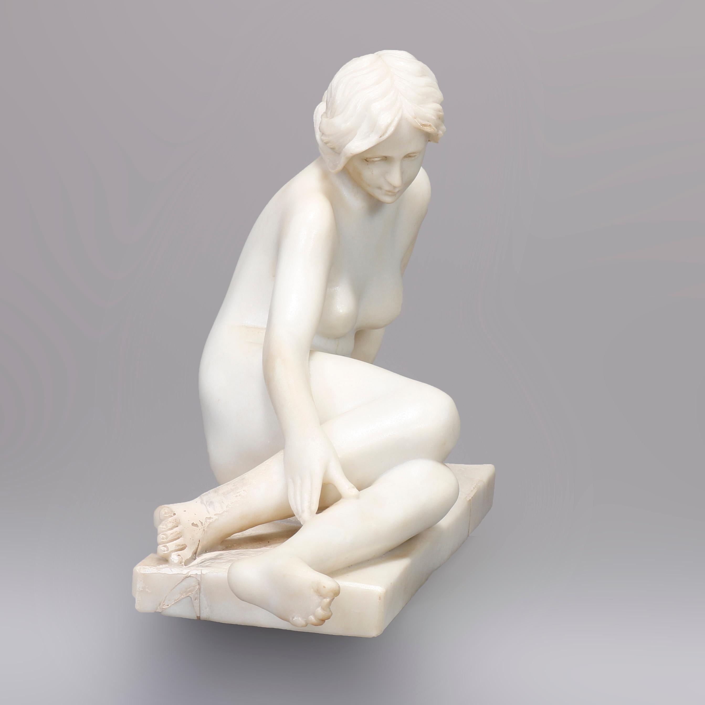 Art Deco Recumbent Carved Alabaster Nude Portrait Sculpture, Early 20th Century In Good Condition In Big Flats, NY