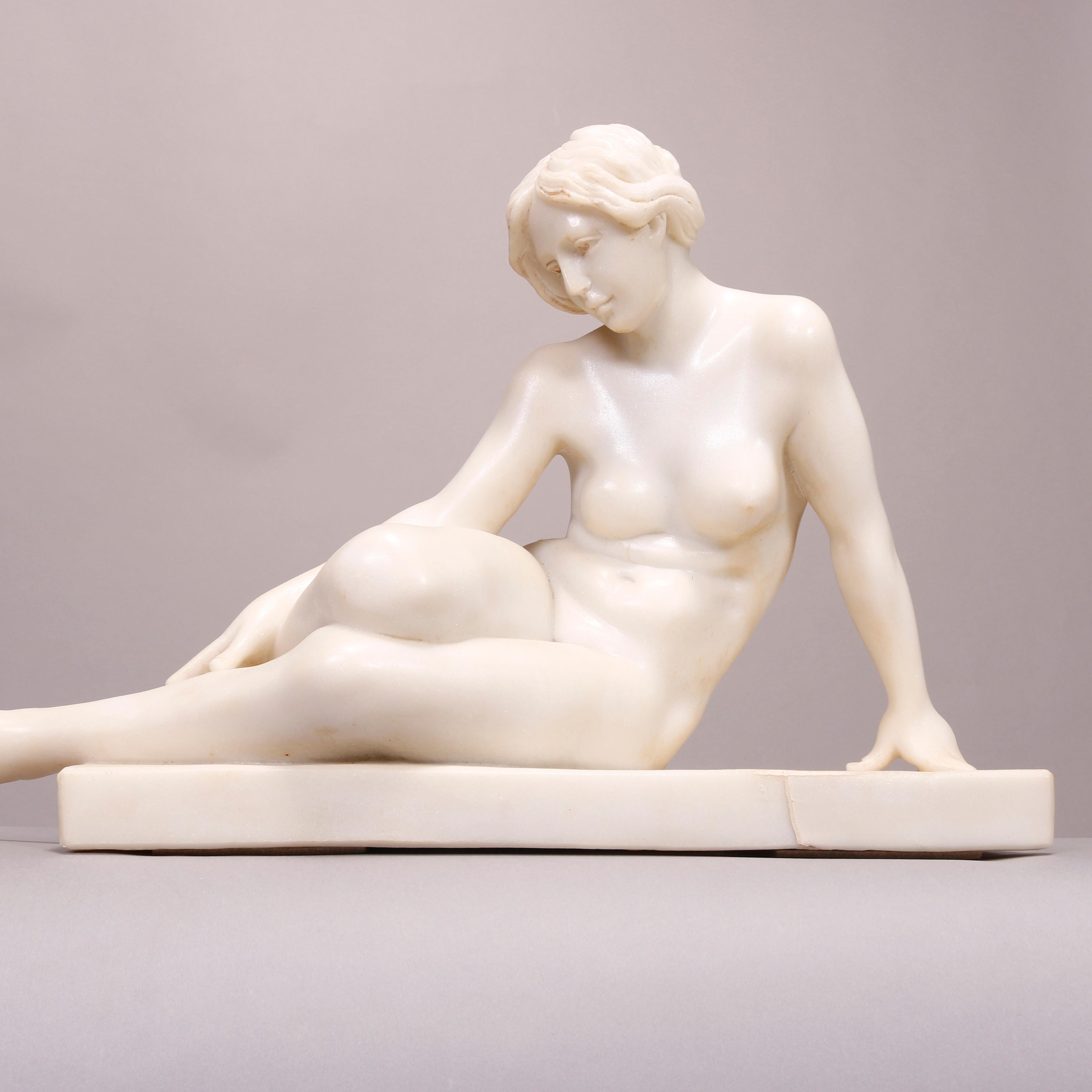 19th Century Art Deco Recumbent Carved Alabaster Nude Portrait Sculpture, Early 20th Century