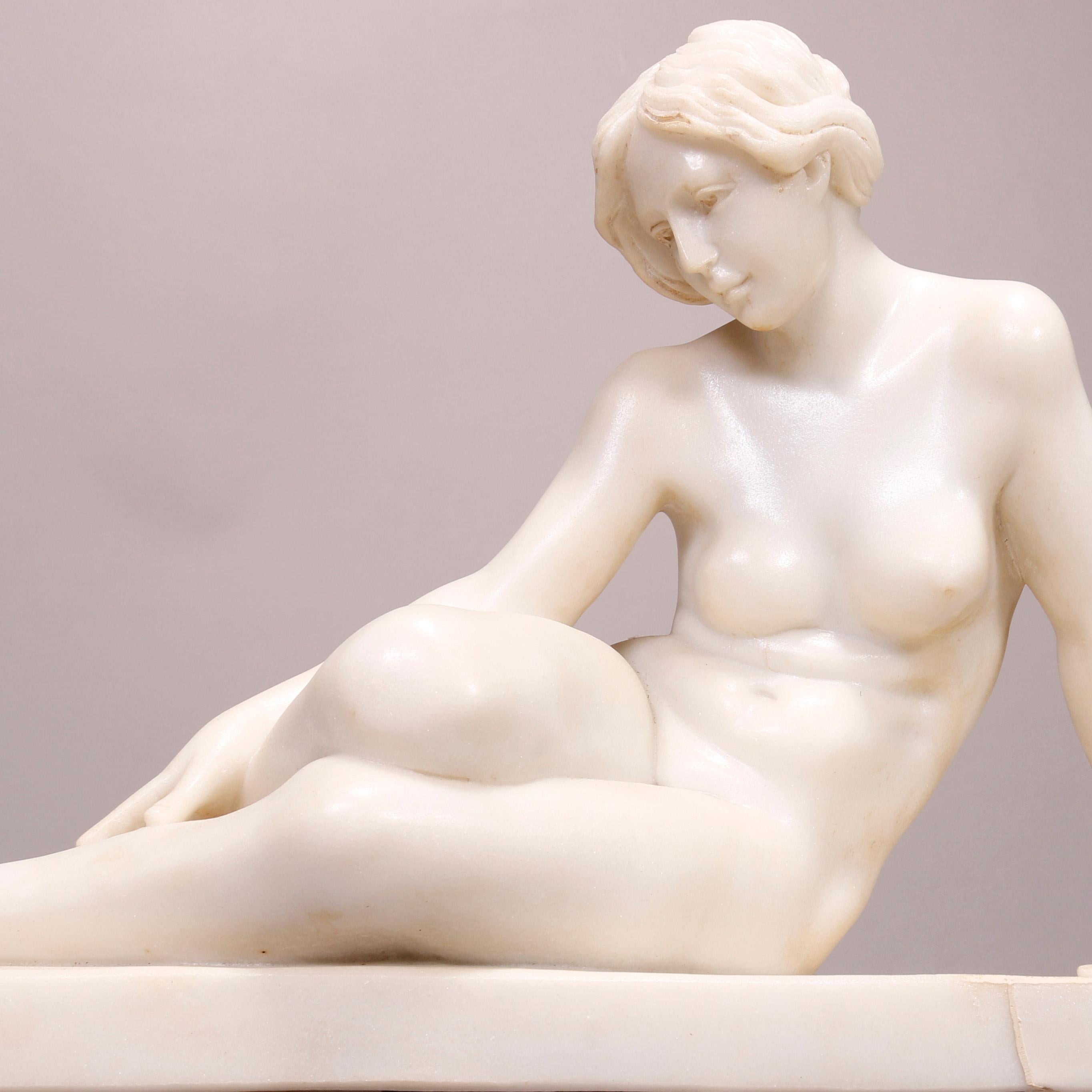 Art Deco Recumbent Carved Alabaster Nude Portrait Sculpture, Early 20th Century 1