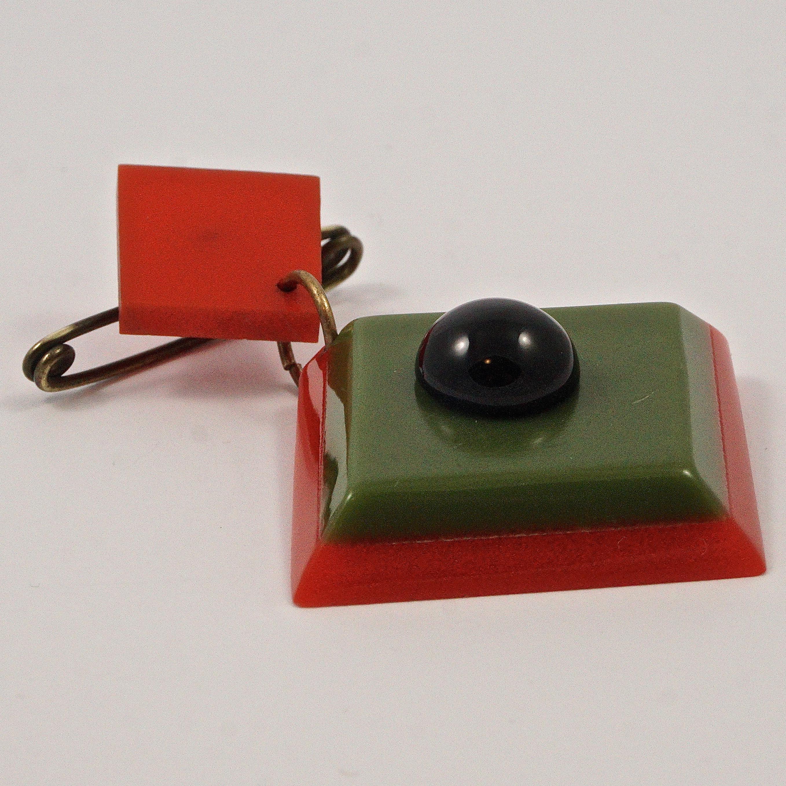 Art Deco Red and Green Early Plastic and Black Glass Geometric Brooch For Sale 1