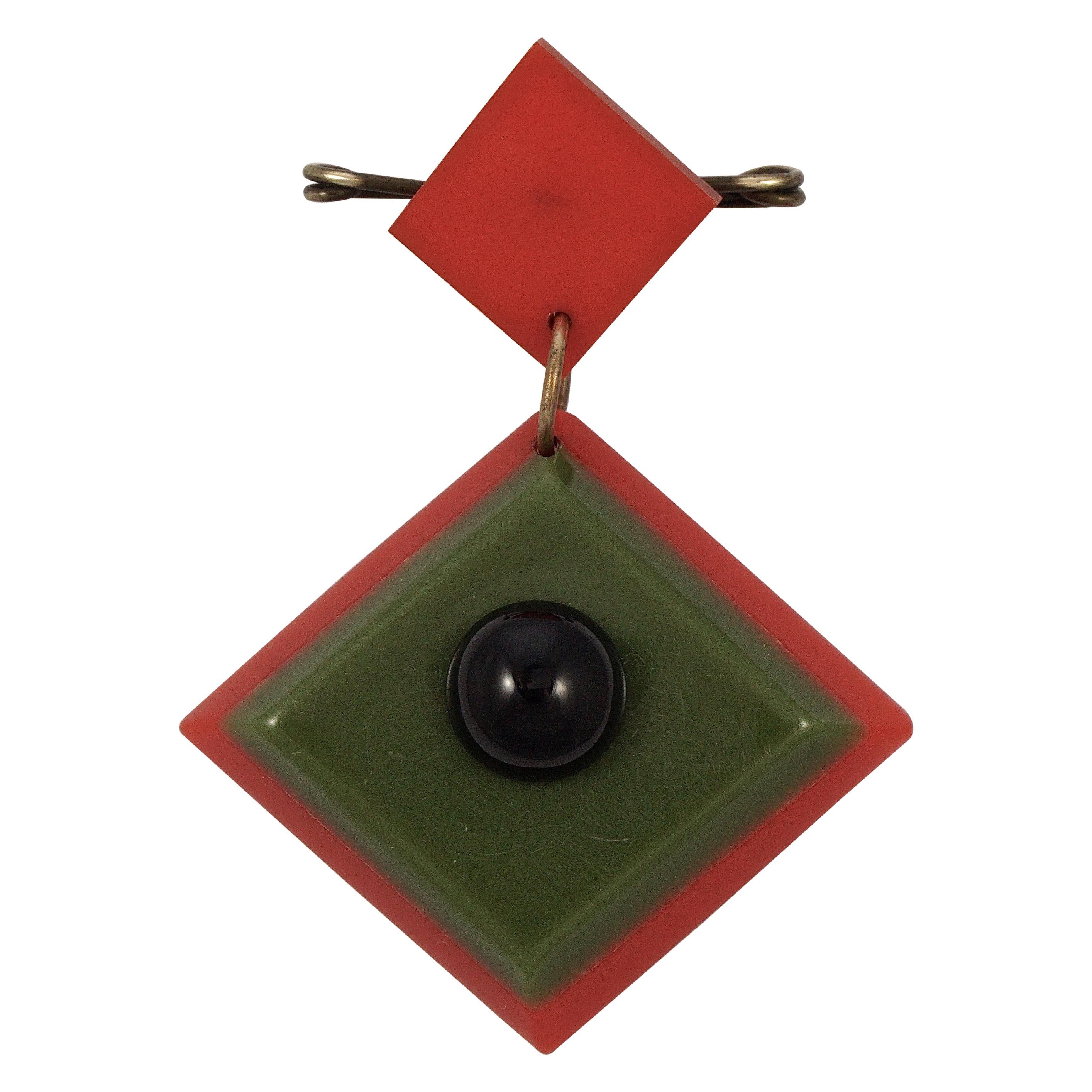 Art Deco Red and Green Early Plastic and Black Glass Geometric Brooch For Sale
