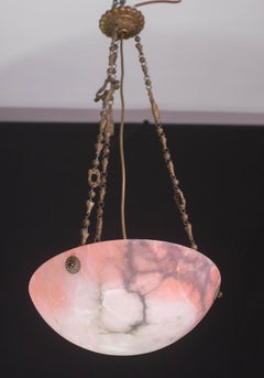 Art Decò Red and Pink  Alabaster Chandelier, 1920