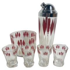 Art Deco Red and White Enamel Decorated Cocktail Shaker, Ice Bowl and 4 Glasses