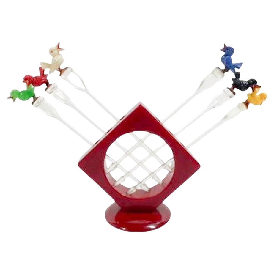 Art Deco Red Bakelite and Plastic Cocktail Picks and Stand